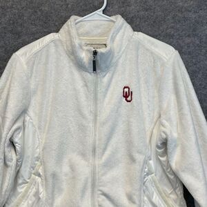 OU Jacket Women's Large White Full Zip Oklahoma University Logo Faux Fur Soft
